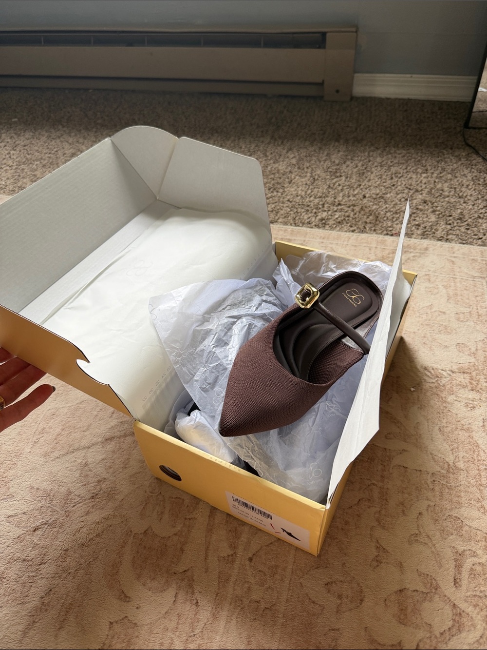 Pointed Brown Mary Jane Slingback Heels with Gold Buckle - Picture 2 of 2